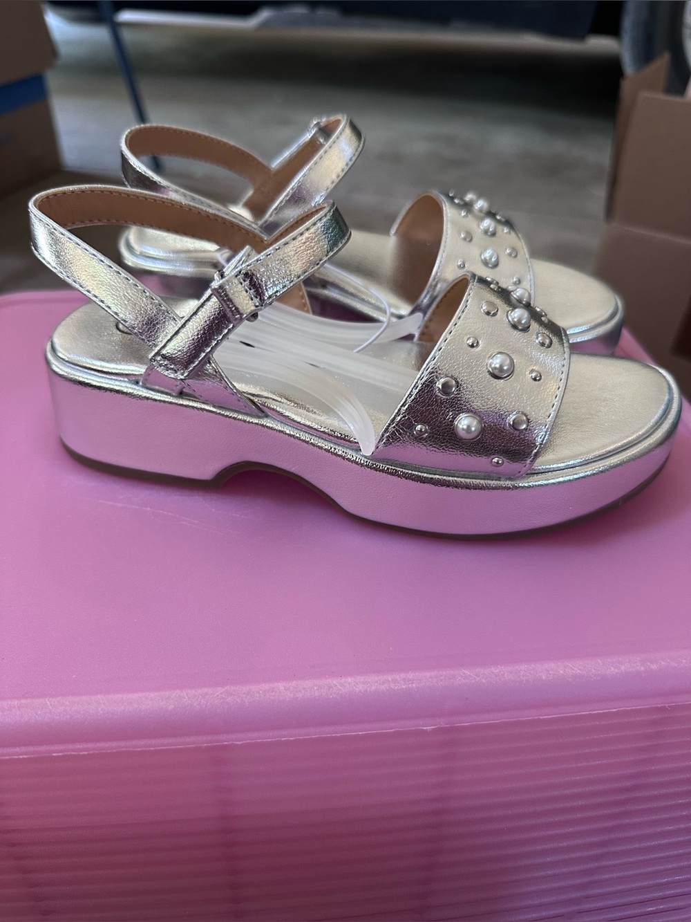Art class Metallic Silver Pearl-Embellished Kids Sandals